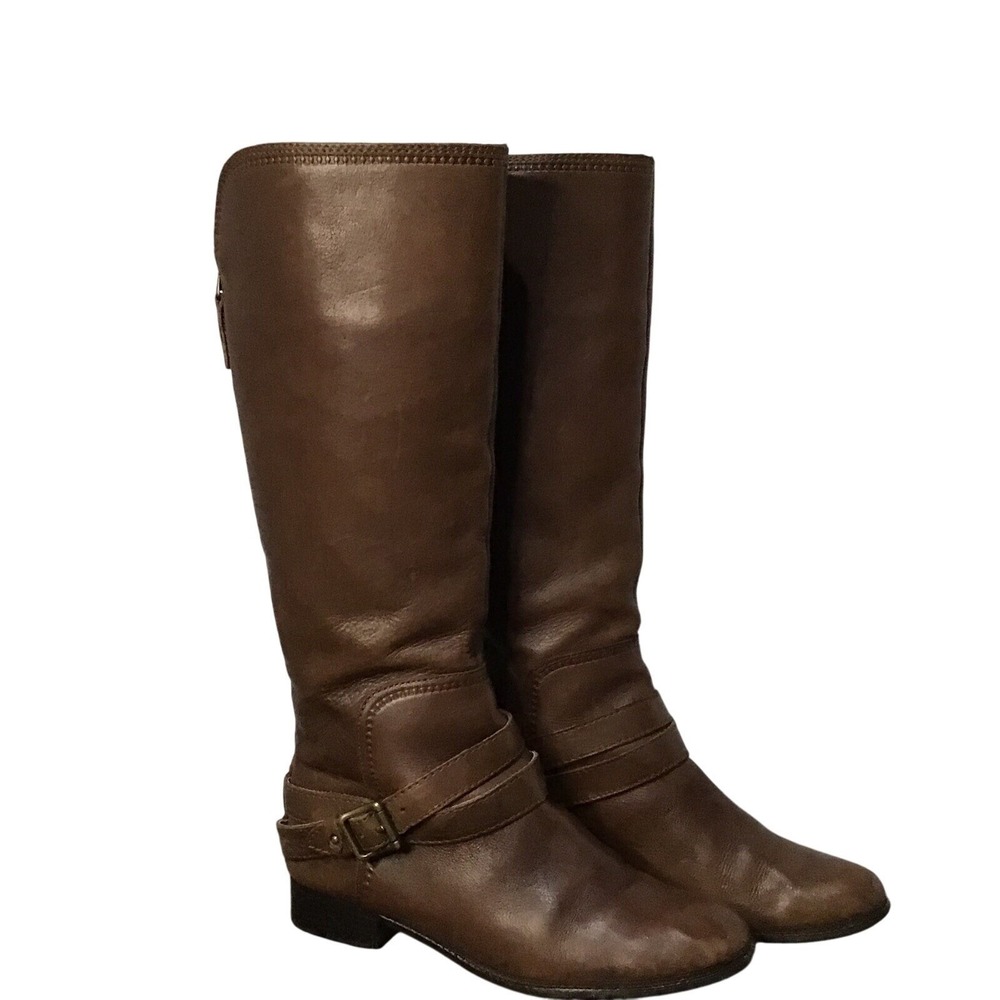 Fossil Brown Leather Tall Riding Boots‎ Womens Back Zip Buckle Strap Low Heel